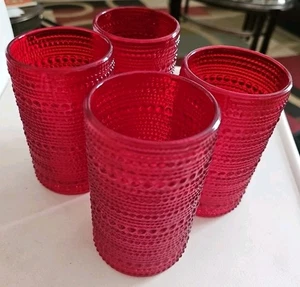 4 Hobnail Textured Beaded Red Tumbler Drinking Glasses Fortessa Cadmium UV Glow  - Picture 1 of 5
