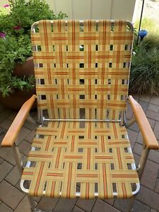 Vintage Folding Lawn Chair Aluminum Frame Wood Arms Yellow & Orange Webbed 