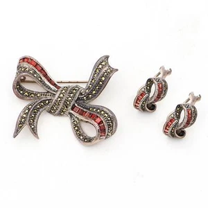 Vintage Judith Jack Sterling Silver Marcasite Garnet Brooch & Earring Set - Picture 1 of 5