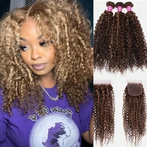 UNice Peruvian Highlight Blonde Curly Bundles with Lace Closure Human Hair Weave - Picture 1 of 16