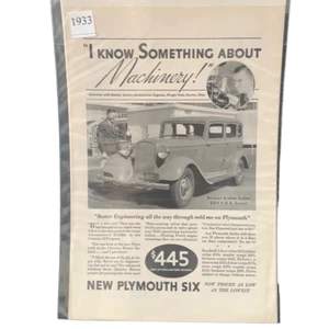 Vintage 1933 Plymouth Six I Know Something about Machinery Ad Advertisement - Picture 1 of 4