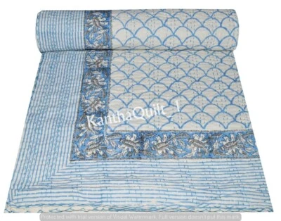 Indian Kantha Quilt Bedspread Bedding Throw Cotton Blanket Hand Block All Size - Image 1 of 4