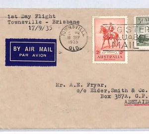 AUSTRALIA Air Mail Cover FIRST FLIGHT TOWNSVILLE-BRISBANE Adelaide 1935 YL10 - Picture 1 of 12