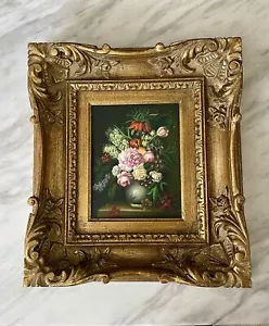 Fiori scuri olio su tavola 3” grossa cornice dorata stile barocco ornata 16,5x18,5” - Foto 1 di 12