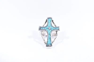 1980's Vintage Silver White Bronze Size 10 Men's Cross Inlay Ring - Image 1 of 4
