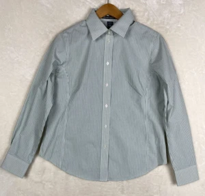 Devon Jones Shirt Womens Medium Dill Green Banker Stripe Button Up Darted Career - Picture 1 of 17