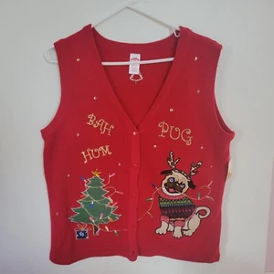 Woman HOLIDAY TIME Red Button Pug Christmas Sweater Vest Large - Picture 1 of 6