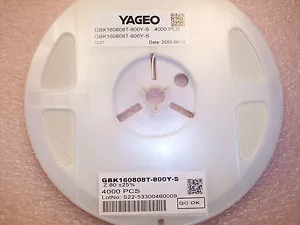 QTY (4000) GBK160808T-800Y-S YAGEO 80 Ohm 1608 SMD FERRITE BEADS FULL REEL - Picture 1 of 1