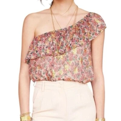 Sézane Silk One Shoulder Blouse Ruffle Floral Paisley Metallic Size 34 - Image 1 of 4