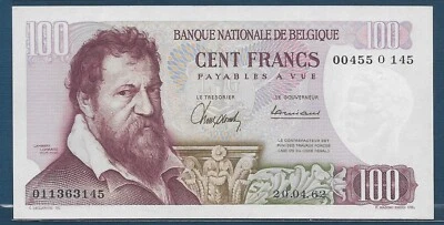Belgium 100 Francs, 1962, P 134a, AU - Image 1 of 2