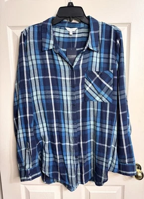 NWT Lucky Brand Size XL Navy Turquoise Plaid Lightweight Button Down Shirt - Image 1 of 4