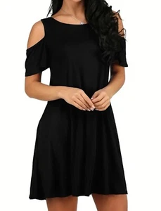 Faded Glory Women's Trendy Cold Shoulder Mini Trapeze & Swing Large Black Dress - Picture 1 of 14
