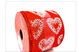 Valentine Lace Heart Ribbon,Red Linen,White Lace Glitter Hearts,Poly,2.5"x12ft. - Picture 1 of 1