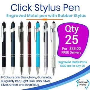 25 Personalised Click Stylus Engraved Metal Pen with Rubber Stylus for Business - Picture 1 of 3