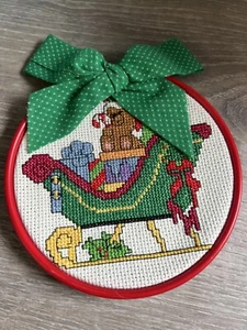 christmas cross stitch completed red hoop Sleigh Candy cane Bear Presents Bin 14 - Picture 1 of 1