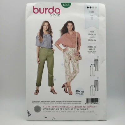 Burda 6242 Cropped Pants & Trousers Roll Up Cuffs Side Pockets Size 8-18 Uncut - Image 1 of 4
