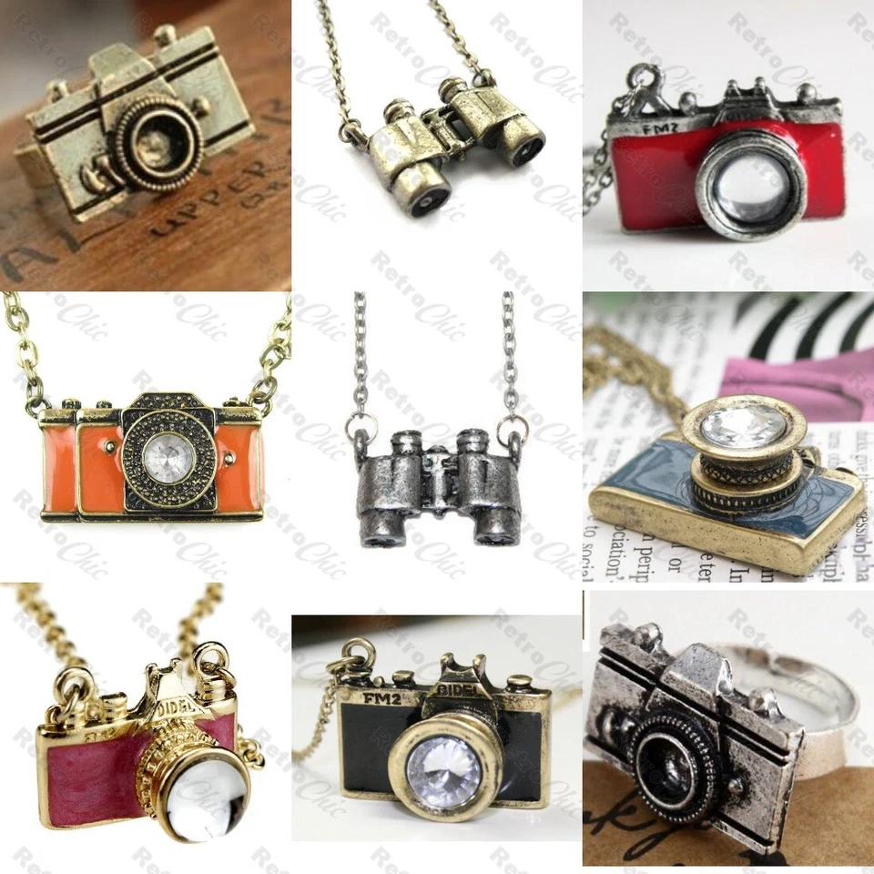 COLLAR/PENDIENTES/ANILLO retro HIDE&SEEK latón/oro/plata BINOCULARES/cadena CÁMARA Foto 1 de 1