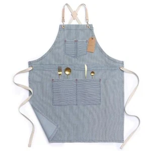 Blue Striped Denim Aprons For Women And Men Jean Cross Back Apron Adjustable Nec - Picture 1 of 9