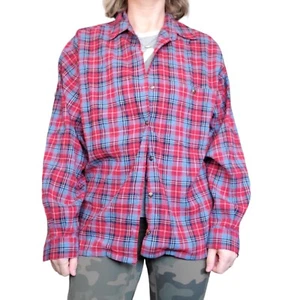 Retro Red Blue Plaid Crinkle Button Up Shirt Roll Tab Hrunge Size L XL VTG 90s - Picture 1 of 11