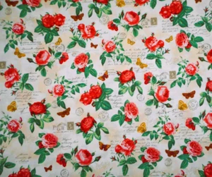 Cotton Fabric By Yard Red Rose Butterfly Ivory Robert Kaufman Heirloom Diary - Picture 1 of 2