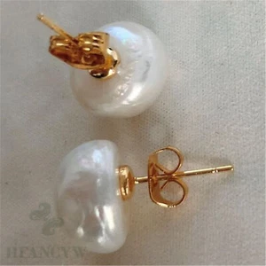 11-12 mm Mode Mabe weiß Barock Perle 18K Gold Ohrringe Kunst minimalistisch Unisex - Bild 1 von 2