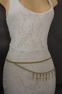 Women Gold Metal Chain Belt High Waist Side Hip Cross Turquoise Bead Size S M - Picture 1 of 12