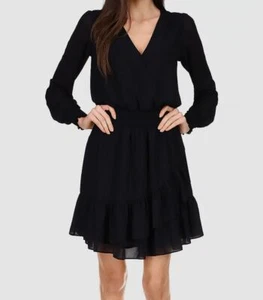 $141 Michael Kors Women's Black Ruffled Crossover V-Neck A Line Dress Size XS - Picture 1 of 4