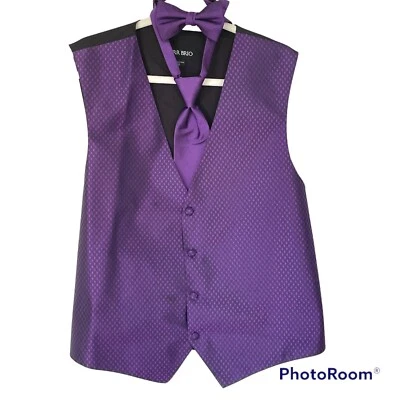 Larr Brio Purple Geo Men's Tuxedo Vest, Tie Bow & Long Tie Wedding Groom Prom L - Image 1 of 4