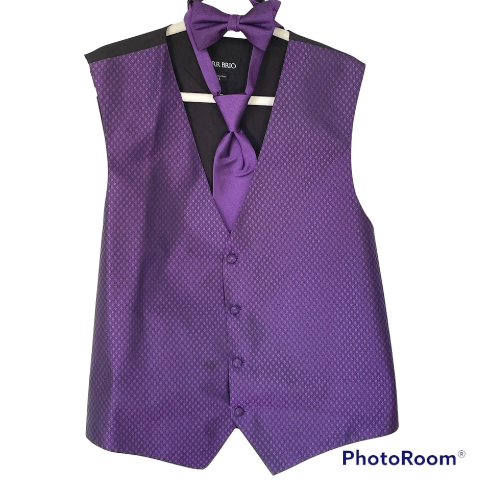 Larr Brio Purple Geo Men's Tuxedo Vest, Tie Bow & Long Tie Wedding Groom Prom L - Image 1 of 4