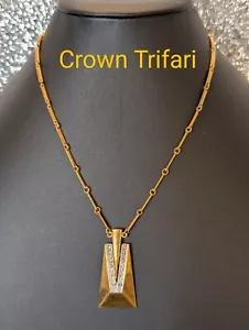 Vintage Krone Trifari goldfarbene Halskette & geometrischer Anhänger & Strass Art Deco - Bild 1 von 9