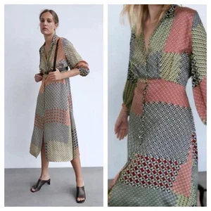 Zara Button Front Geometric Patchwork Button Front Long Sleeve Midi Dress XS - Picture 1 of 18