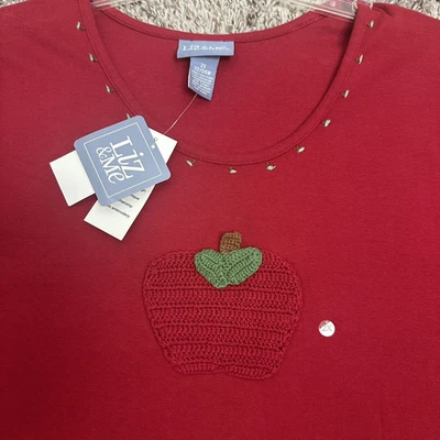 Liz & Me Womens Plus Size 2X Top T-Shirt  3/4 Sleeve Red Apple Embroidery NWT - Image 1 of 4