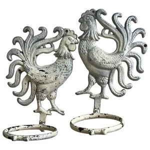 White Cast Iron Rooster Wall Hanging Farmhouse Cottage Decor Chicken + Ring - Picture 1 of 7
