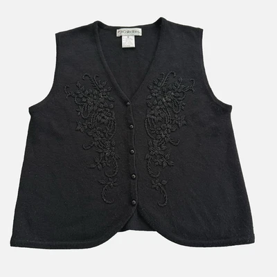 Chaleco de punto formal vintage años 90 JH coleccionables para mujer con cuentas negras mezcla de lana talla M Foto 1 de 4