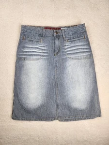 Mudd Y2K Pinstripe Jean Pencil Back Slit Skirt Schoolgirl Casual Distressed 7 - Picture 1 of 14