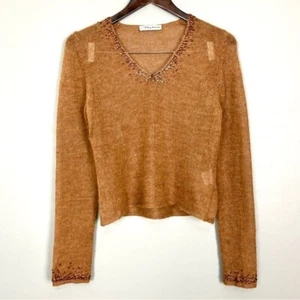 Vintage Beaded Mohair Sweater Women’s Size M V-Neck Pullover Lightweight Camel - Picture 1 of 7