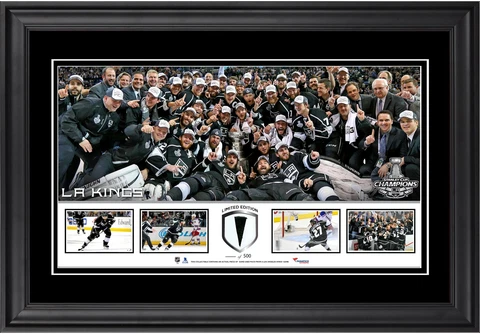 LA Kings 2014 SC Champs Framed Panoramic w/Piece of GU Puck Cover