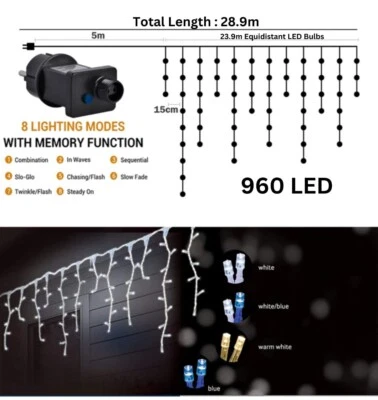 23.9M 960 LED SNOWING ICICLE CHRISTMAS WEDDING PARTY LIGHTS 8 FUNCTIONS - image 1 of 4
