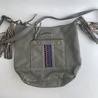 Unionbay Aztec Gray Leather Adjustable Strap Shoulder Bag Purse With Tassels