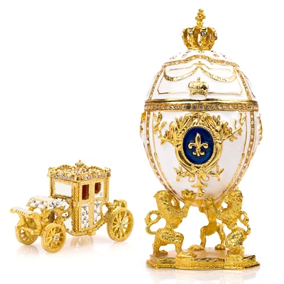 皇家帝国白色俄罗斯 Faberge 鸡蛋复制品:6.6 英寸 + 白色马车 — 第 1/4 张图片