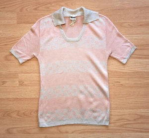 Vintage 70s Designer Miss Dior Pink Pattern Knit Short Sleeve Top, Size XS - Picture 1 of 7
