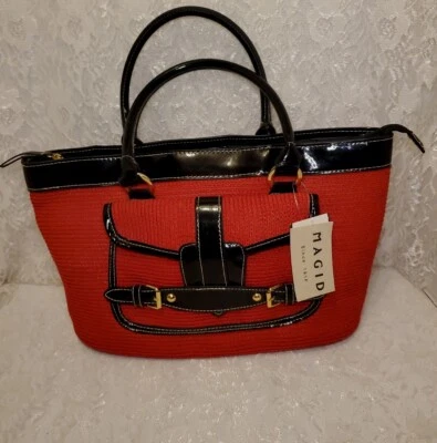 Cartera roja vintage de pajita de papel Magid e imitación charol negro, todavía tiene etiquetas Foto 1 de 4