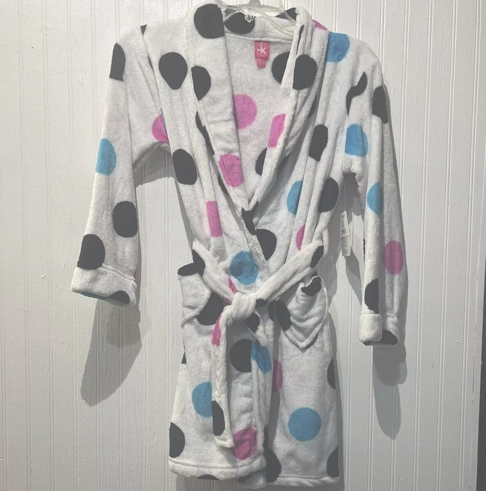 NUEVA bata de felpa J. Khaki para niñas ~ talla M (7/8) ~ blanca con lunares multicolores nueva con etiquetas Foto 1 de 4