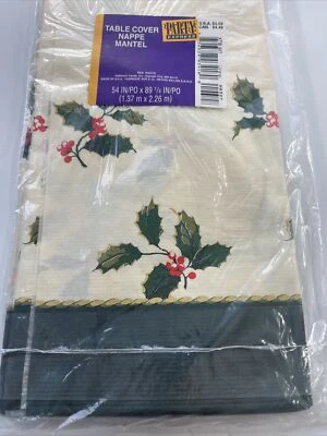 VTG Hallmark Christmas Table Cover 54x89 Holly leaves berries cream green 1990s - Image 1 of 4