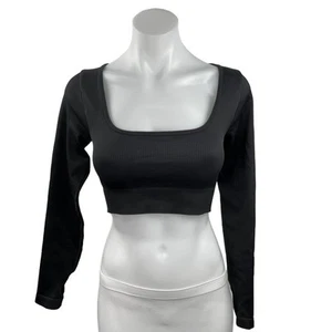 OQQ Women's Black Pullover Ribbed Knit Long Sleeve Square Neck Crop Top Size M - Bild 1 von 3