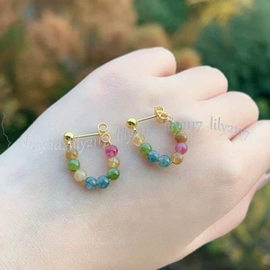 Pendientes de aro colgantes con cuentas redondas de piedras preciosas de turmalina multicolor natural de 4 mm - Imagen 1 de 5