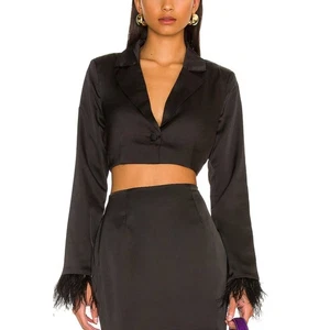 Revolve Black Crop Blazer Top MEDIUM Bolero Satin Feathers More to Come $80 NEW - Picture 1 of 8