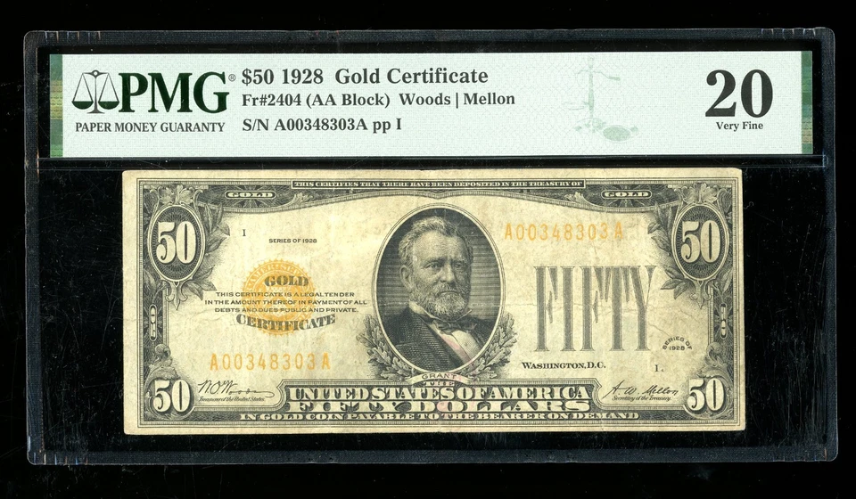 Certificado de oro DBR 1928 $50 Fr. 2404 PMG VF-20 serie A00348303A Foto 1 de 2