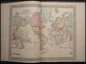 Antike Mitchell Weltkarte Mercator Projektion von 1863 - Bild 1 von 1
