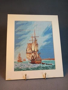 Vtg 80s Wool Petit Point Ship Nautical Mariner Ship Harbour - Picture 1 of 12